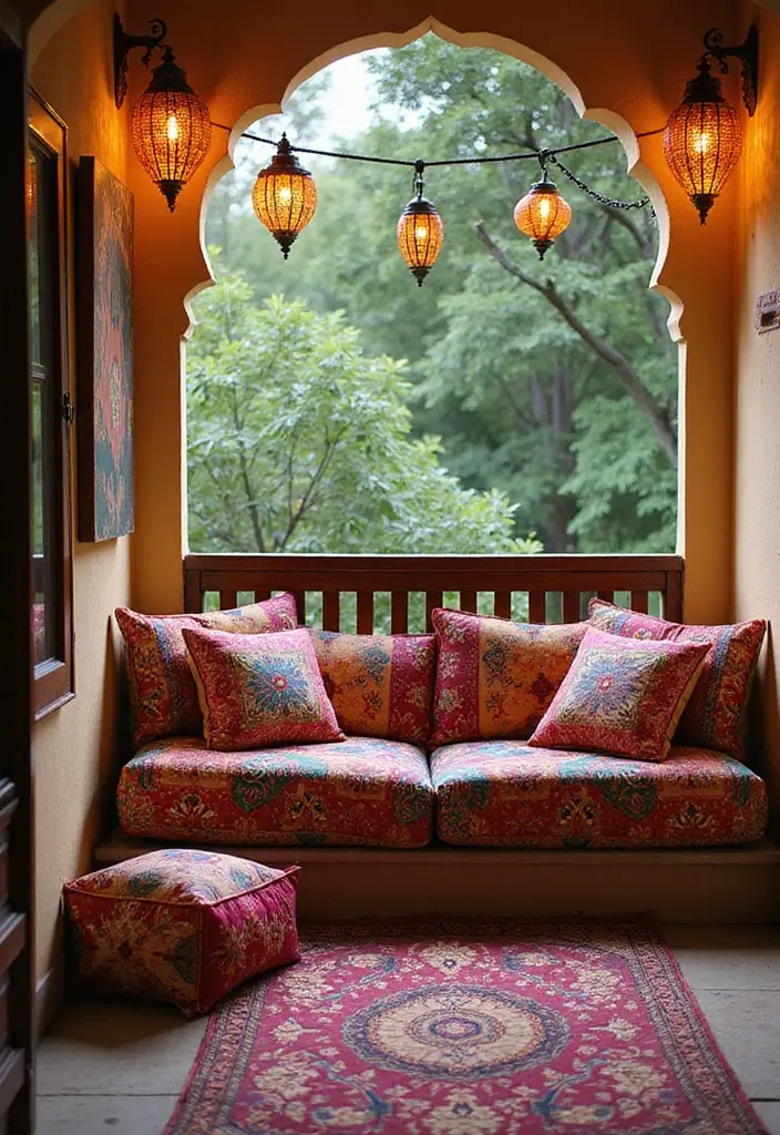 28 Room with Balcony Designs That Make Spaces Feel Bigger - 2. Vibrant Color Palette with Indian Prints