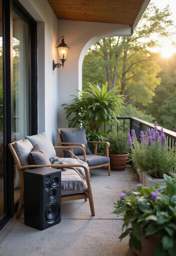 28 Room with Balcony Designs That Make Spaces Feel Bigger - 22. Outdoor Sound System for Ambiance