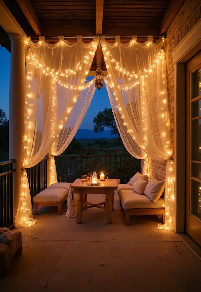 28 Room with Balcony Designs That Make Spaces Feel Bigger - 6. Romantic Fairy Light Canopy