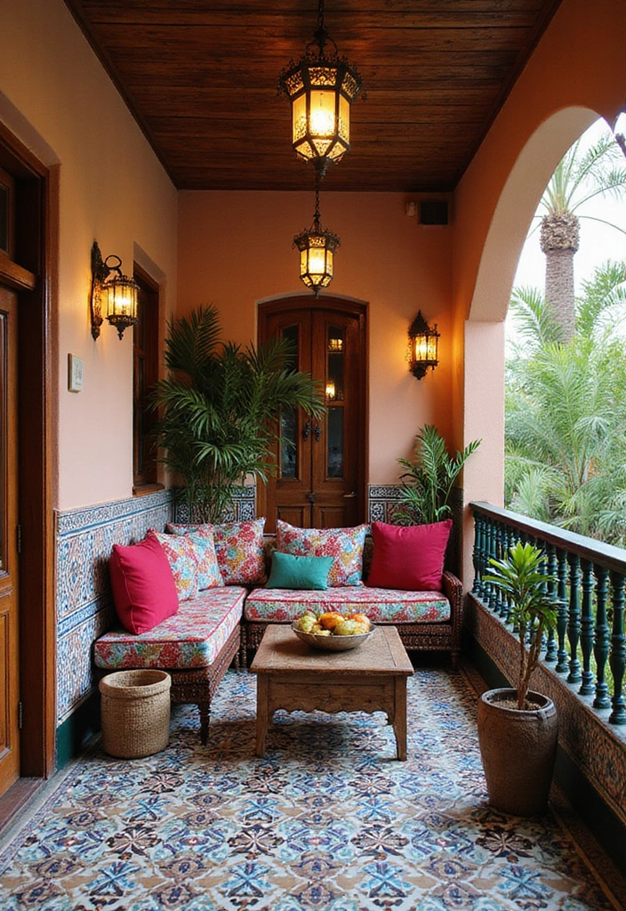 28 Room with Balcony Designs That Make Spaces Feel Bigger - 8. Moroccan Vibes with Colorful Tiles