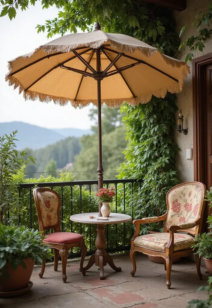29 Balcony Shade Solutions That Keep You Cool and Cozy 14 29 Balcony Shade Solutions That Keep You Cool and Cozy - 14. Parasol Shades for Vintage Charm