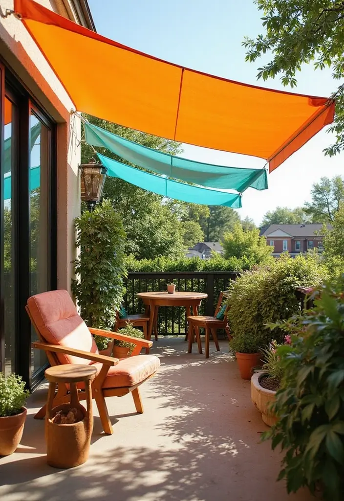 29 Balcony Shade Solutions That Keep You Cool and Cozy 15 29 Balcony Shade Solutions That Keep You Cool and Cozy - 15. Colorful Sun Shades for Bold Statements