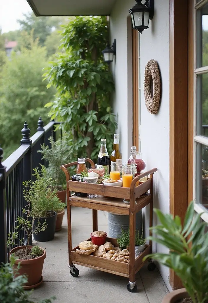 29 Narrow Balcony Design Tips That Make the Space Functional - 11. Compact Bar Cart