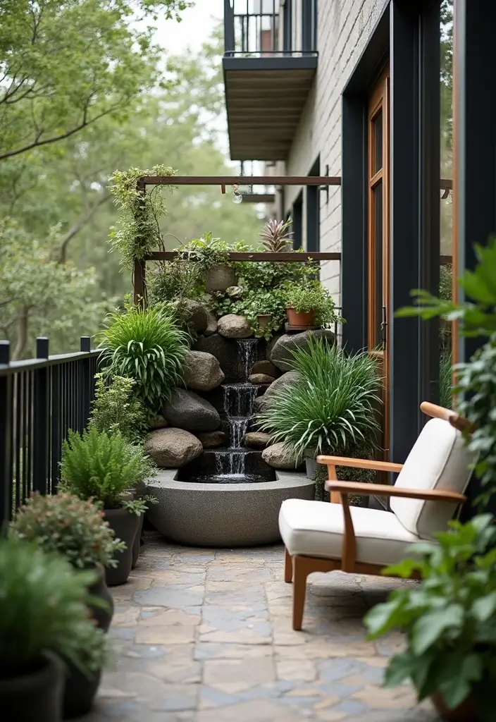 29 Small Balcony Decor Tips That Make It Look Bigger and Cozier 23 29 Small Balcony Decor Tips That Make It Look Bigger and Cozier - 23. Add a Water Feature
