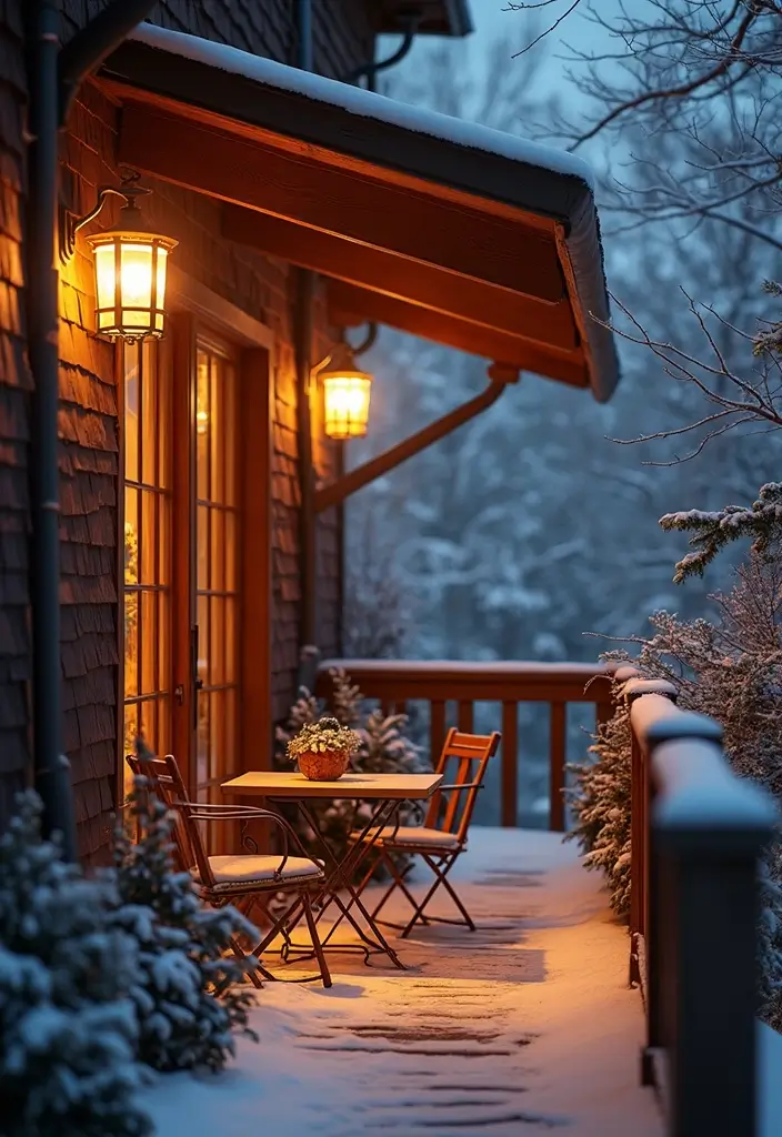 29 Winter Balcony Decor Ideas That Keep It Warm and Magical 25 29 Winter Balcony Decor Ideas That Keep It Warm and Magical - 25. Warm Lighting Accents