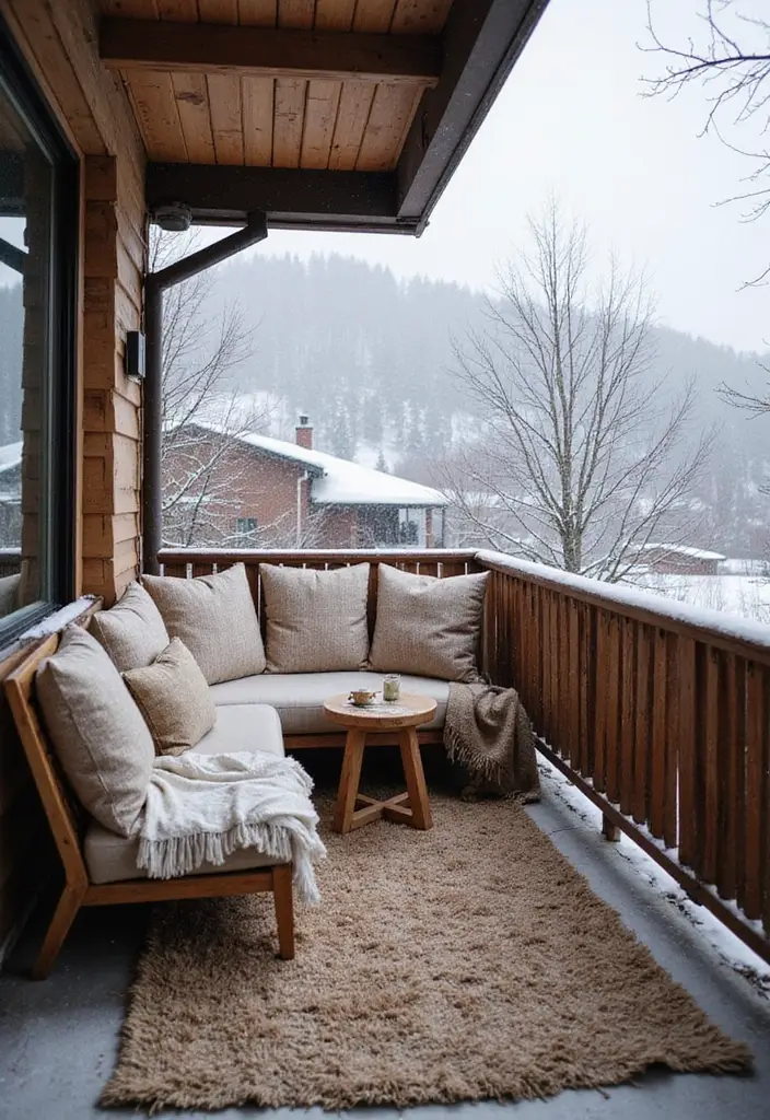 29 Winter Balcony Decor Ideas That Keep It Warm and Magical 6 29 Winter Balcony Decor Ideas That Keep It Warm and Magical - 6. Cozy Seating Arrangements