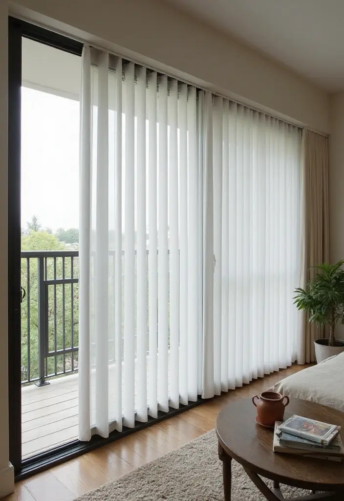 30 Balcony Inside House Designs That Feel Unique and Modern 11 30 Balcony Inside House Designs That Feel Unique and Modern - 11. Vertical Blinds for Adjustable Privacy