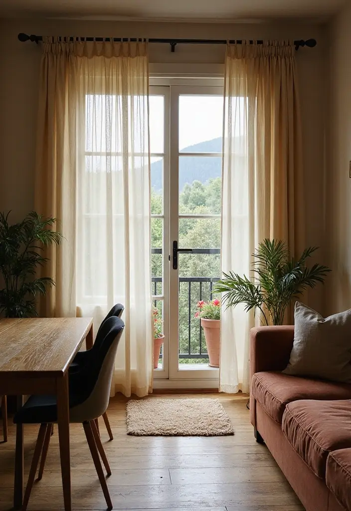 30 Balcony Inside House Designs That Feel Unique and Modern 16 30 Balcony Inside House Designs That Feel Unique and Modern - 16. Tension Rods with Curtains for Soft Separation