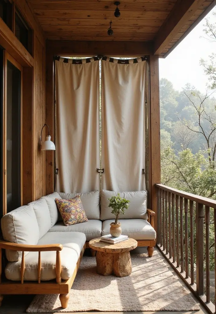 30 Balcony Inside House Designs That Feel Unique and Modern 24 30 Balcony Inside House Designs That Feel Unique and Modern - 24. Fabric and Wood Combo for Texture Variation