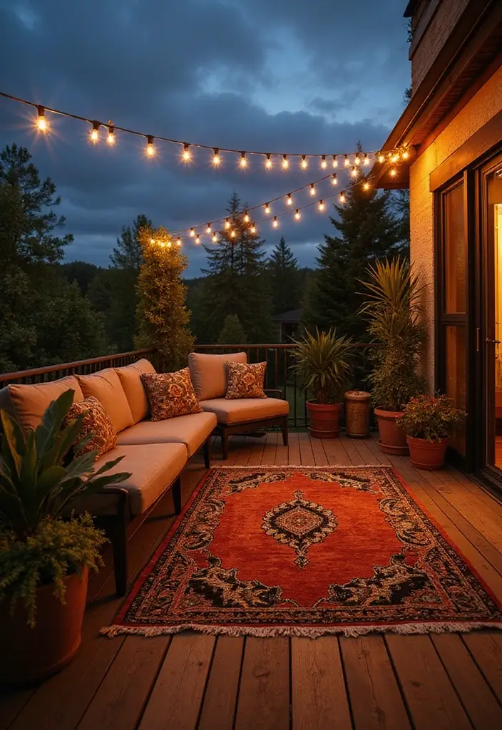 30 Balcony Lighting Ideas That Transform the Atmosphere 13 30 Balcony Lighting Ideas That Transform the Atmosphere - 13. Decorative Outdoor Rugs