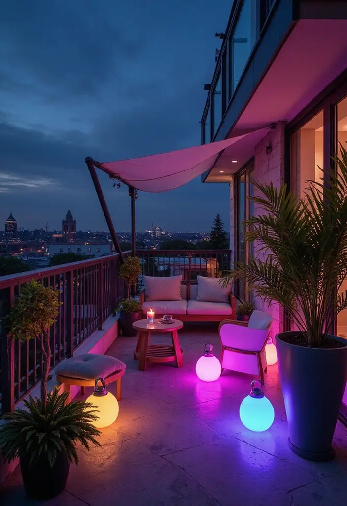 30 Balcony Lighting Ideas That Transform the Atmosphere 27 30 Balcony Lighting Ideas That Transform the Atmosphere - 27. Color-Changing Bulbs