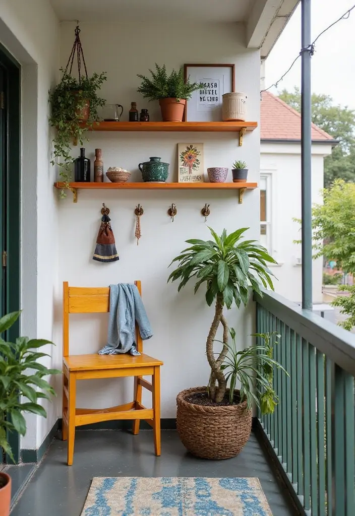 30 Balcony Painting Ideas That Add Instant Personality 21 30 Balcony Painting Ideas That Add Instant Personality - 21. Functional Decor with Shelves and Hooks