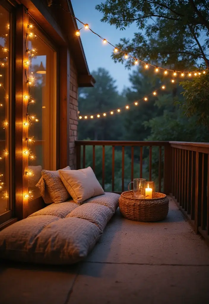 30 Big Balcony Design Inspirations Perfect for Relaxing Evenings - 1. Cozy Nook with String Lights