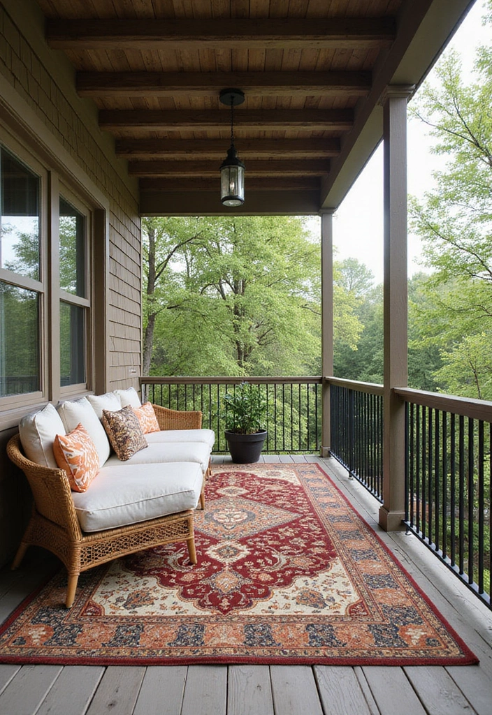 30 Big Balcony Design Inspirations Perfect for Relaxing Evenings - 10. Decorative Outdoor Rugs