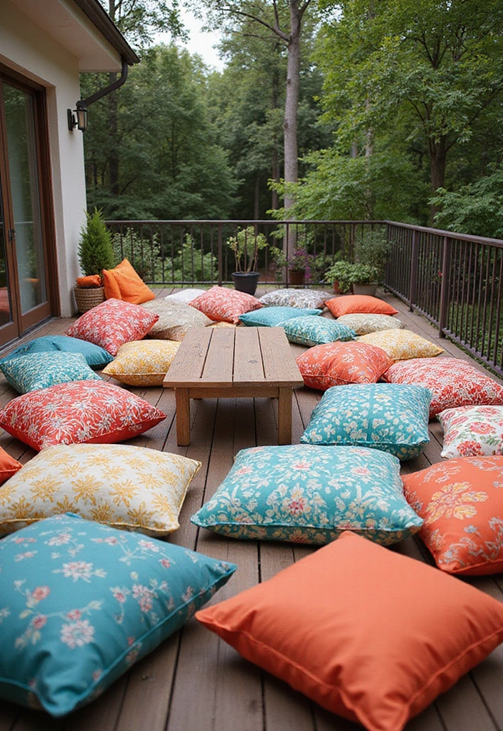 30 Boho Balcony Ideas Full of Colors and Natural Vibes - 1. Colorful Floor Cushions