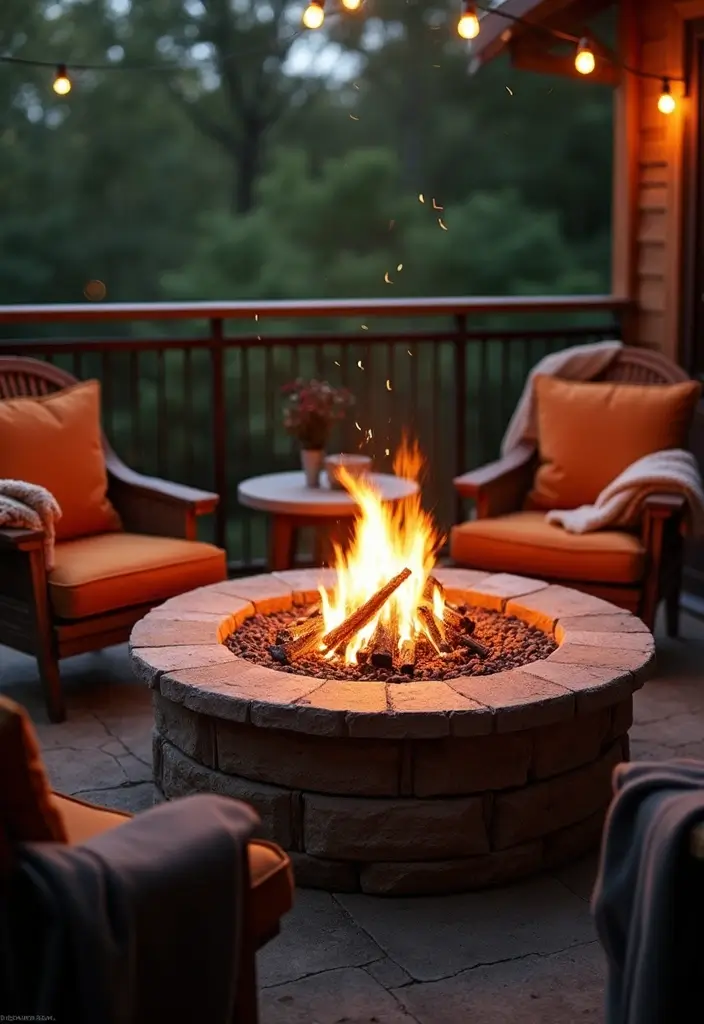 30 Boho Balcony Ideas Full of Colors and Natural Vibes - 12. Cozy Fire Pit
