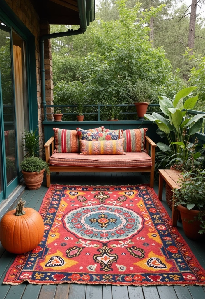 30 Boho Balcony Ideas Full of Colors and Natural Vibes - 15. Outdoor Rugs