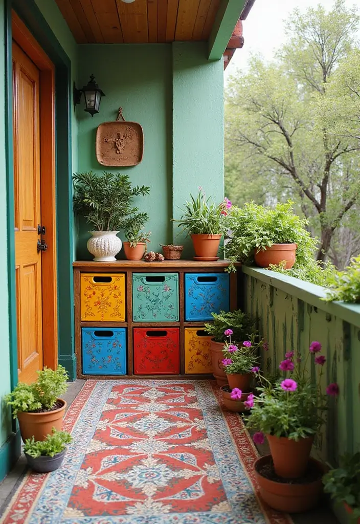 30 Boho Balcony Ideas Full of Colors and Natural Vibes - 24. Funky Outdoor Storage