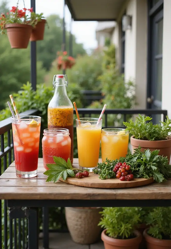 30 Boho Balcony Ideas Full of Colors and Natural Vibes - 25. Refreshing Drink Station