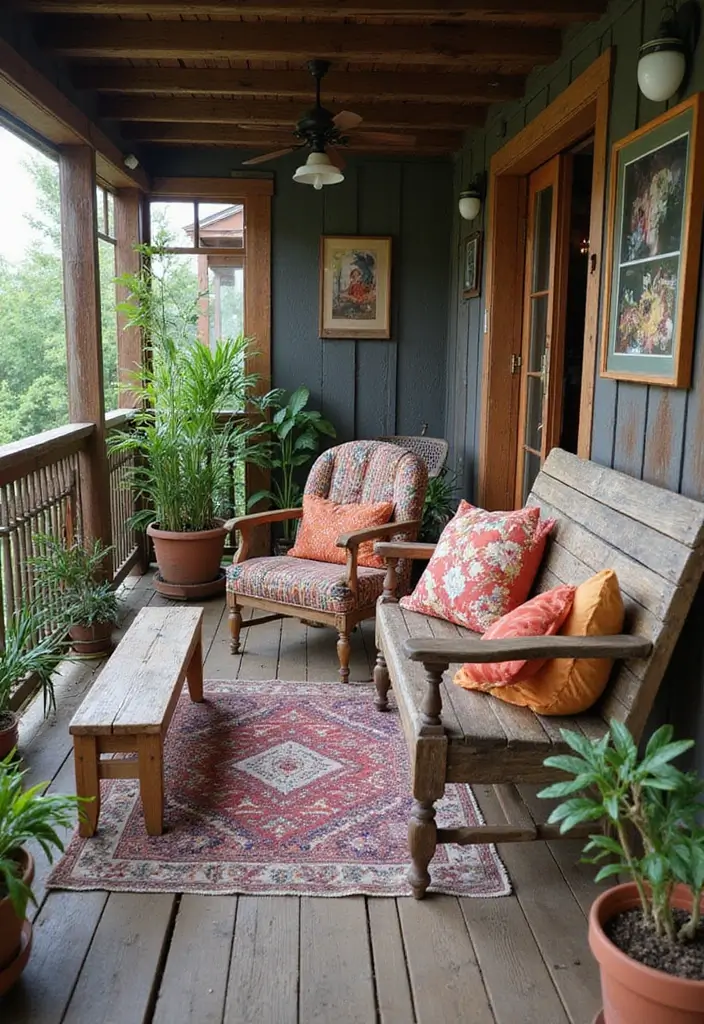 30 Boho Balcony Ideas Full of Colors and Natural Vibes - 3. Rustic Wooden Furniture