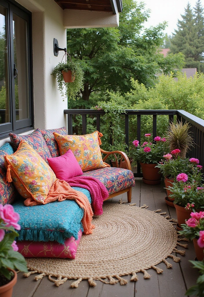30 Boho Balcony Ideas Full of Colors and Natural Vibes - 4. Vibrant Textile Accents
