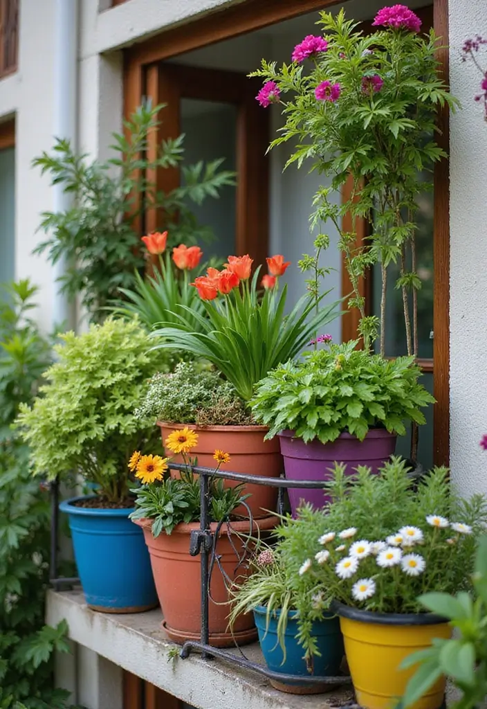 30 Boho Balcony Ideas Full of Colors and Natural Vibes - 7. Brightly Colored Planters