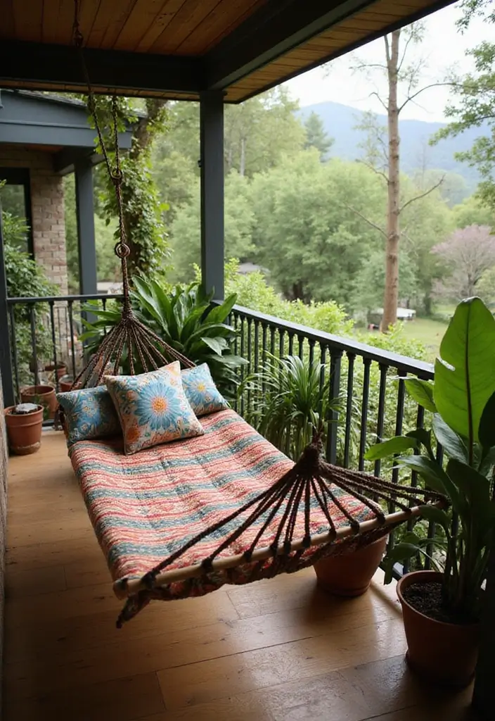 30 Boho Balcony Ideas Full of Colors and Natural Vibes - 8. Cozy Hammock or Swing Chair