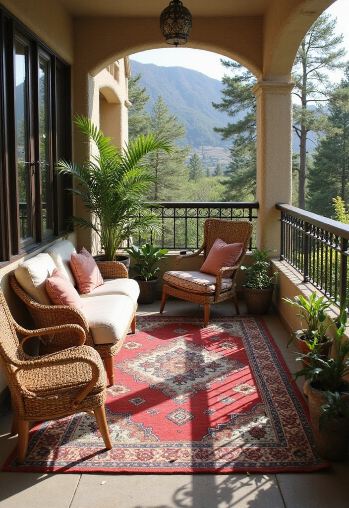 30 Indian Balcony Decor Ideas Full of Culture and Charm 11 30 Indian Balcony Decor Ideas Full of Culture and Charm - 11. Ethnic Rugs for Comfort