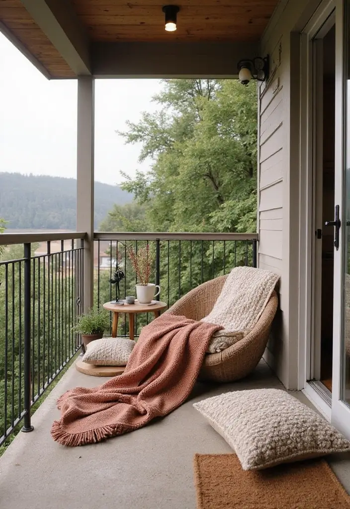 30 Kitchen in Balcony Inspirations That Save Space Smartly - 15. Cozy Throw Blankets and Pillows