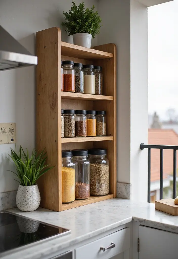 30 Kitchen in Balcony Inspirations That Save Space Smartly - 18. Customized Spice Rack