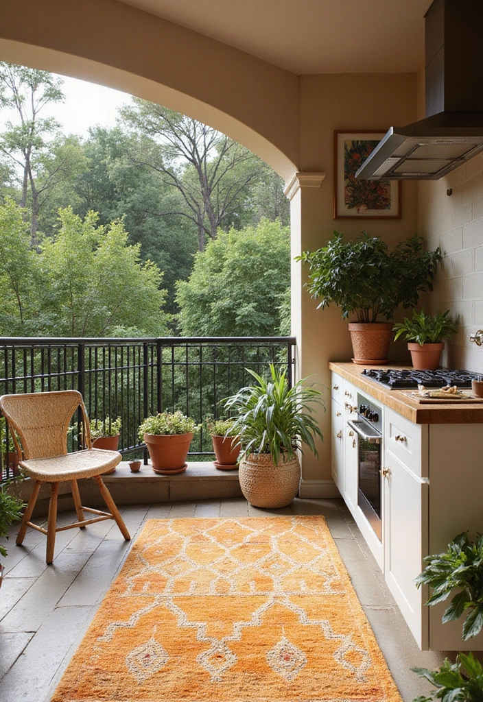 30 Kitchen in Balcony Inspirations That Save Space Smartly - 19. Bright Outdoor Rugs