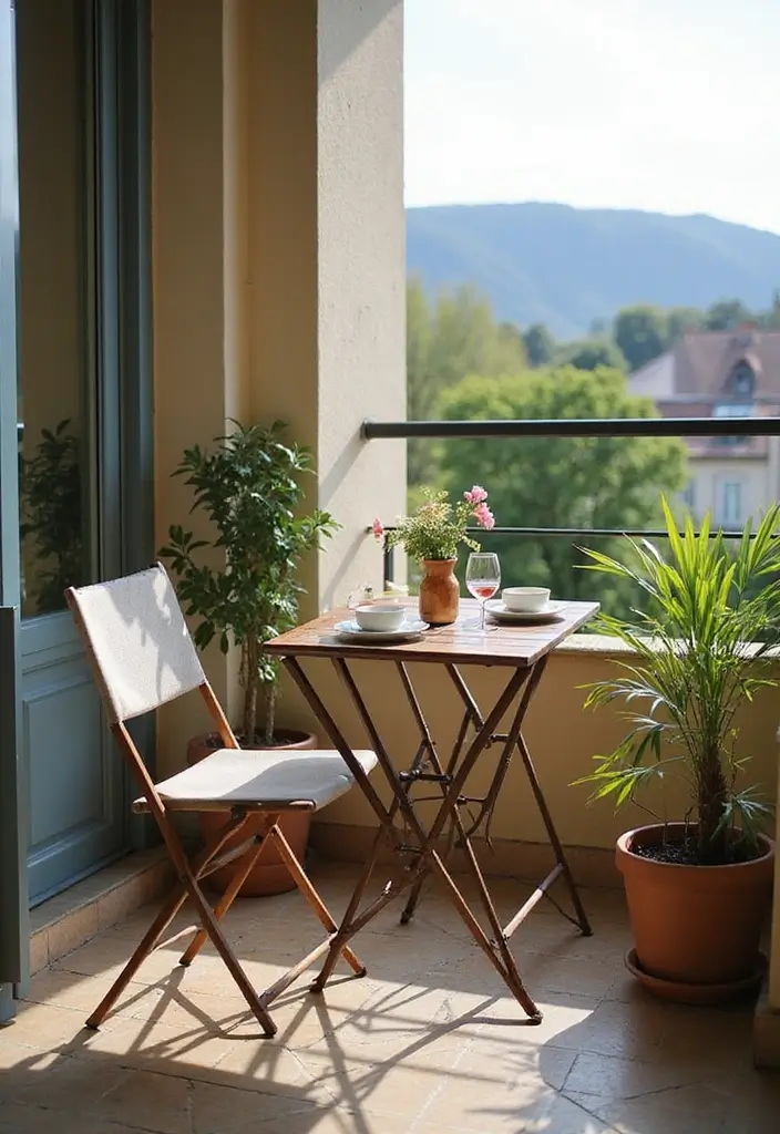 30 Kitchen in Balcony Inspirations That Save Space Smartly - 2. Folding Chair and Table Set