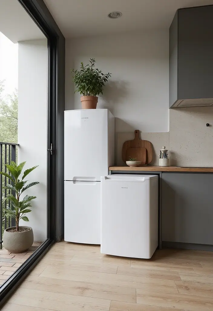 30 Kitchen in Balcony Inspirations That Save Space Smartly - 20. Compact Fridge Option