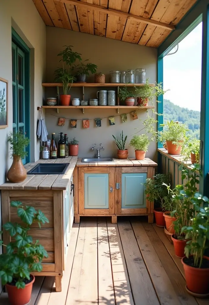 30 Kitchen in Balcony Inspirations That Save Space Smartly - 24. DIY Pallet Furniture