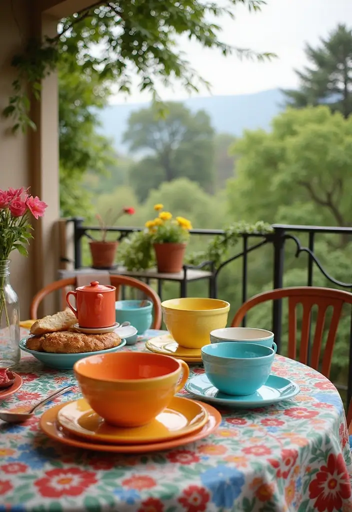 30 Kitchen in Balcony Inspirations That Save Space Smartly - 28. Colorful Outdoor Dinnerware