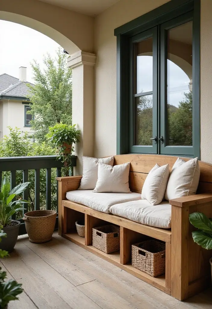 30 Kitchen in Balcony Inspirations That Save Space Smartly - 5. Built-in Bench with Storage