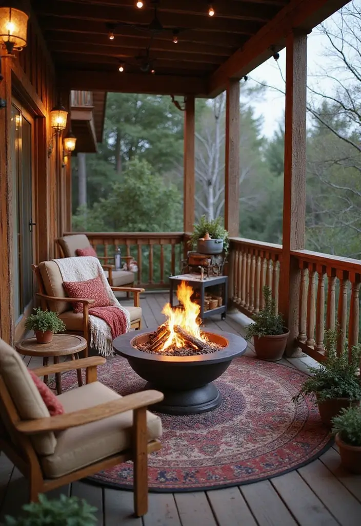30 Luxury Balcony Inspirations That Feel Like a Resort 15 30 Luxury Balcony Inspirations That Feel Like a Resort - 15. Rustic Fire Pit Retreat