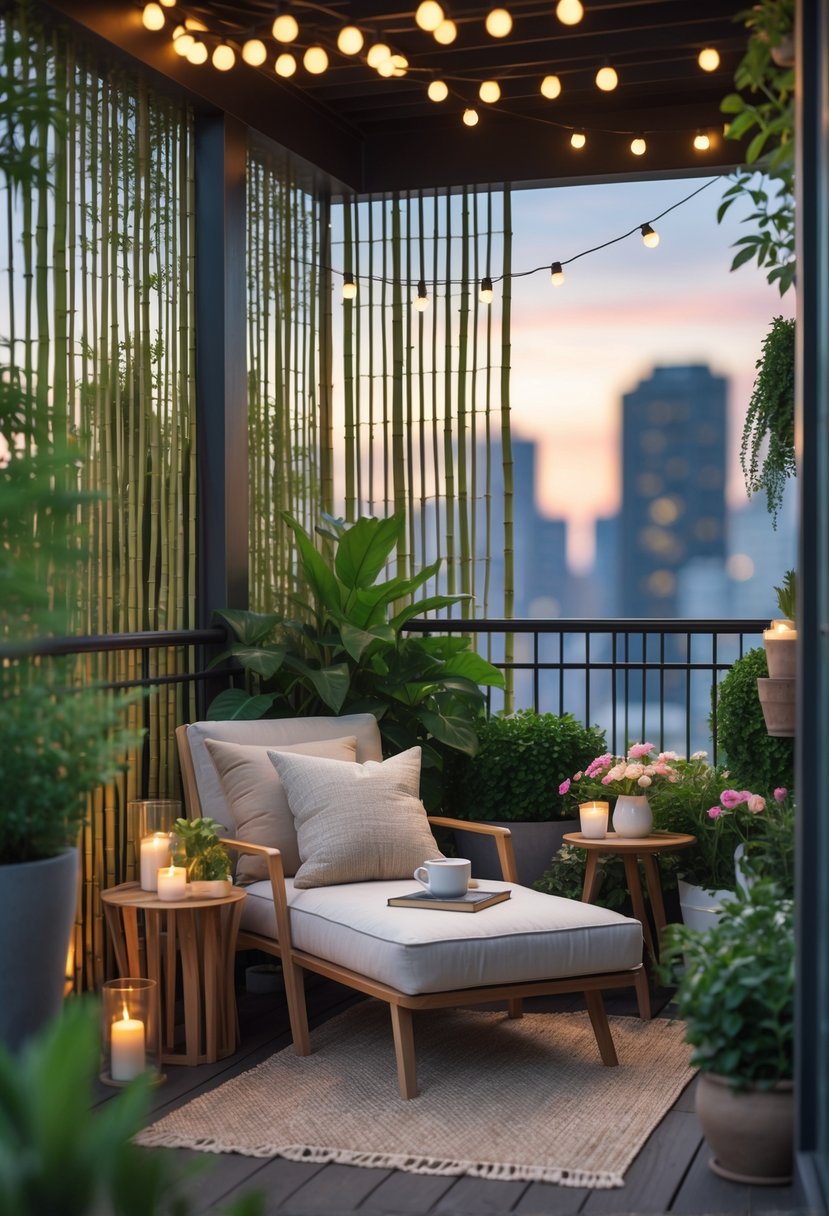 How to Decorate a Balcony for Privacy: Stylish & Effective Ideas 1 A cozy balcony with plants, bamboo screens, a lounge chair, side table, and string lights creating a private outdoor space.