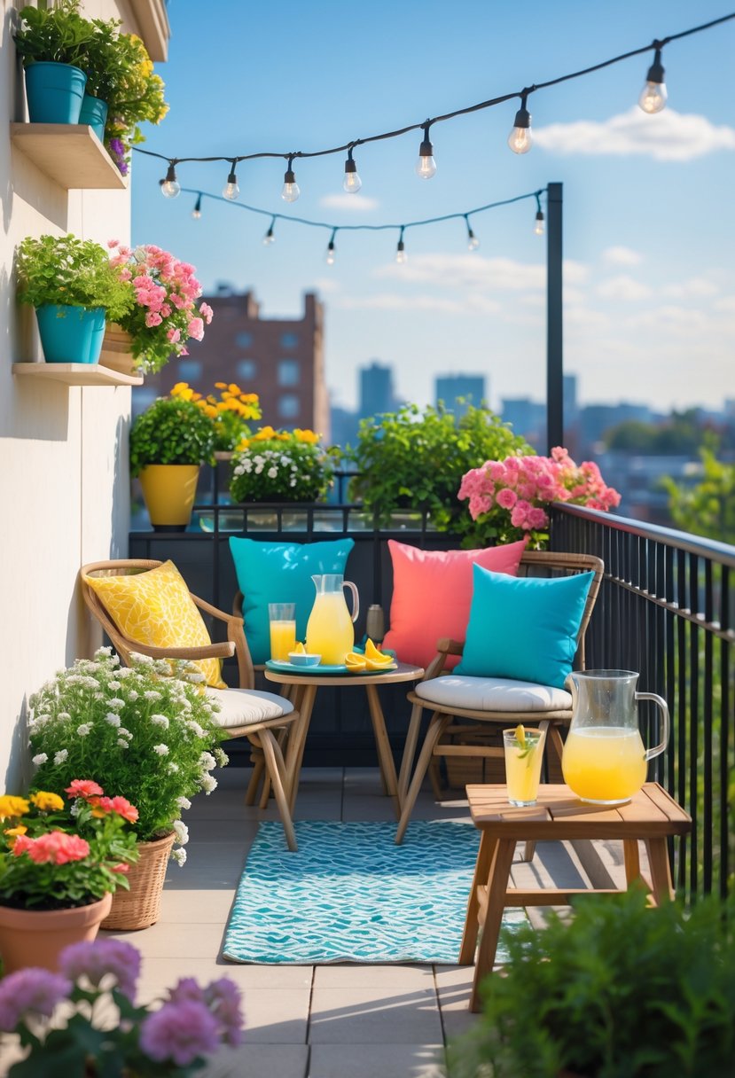 How to Decorate a Balcony for Summer: Stylish Outdoor Retreat Ideas 1 A small balcony decorated with green plants, colorful flowers, comfortable chairs, and a table with lemonade under a clear blue sky.