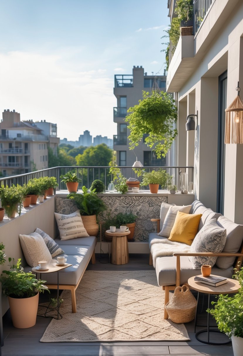 A shared balcony with two distinct seating areas separated by a low partition, each decorated differently with plants, cushions, and small tables, overlooking a cityscape.