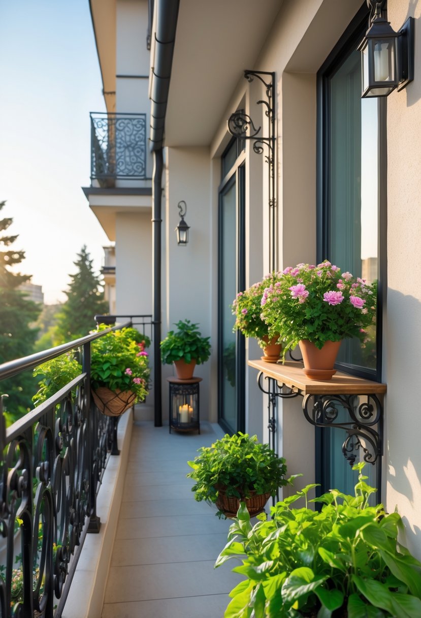A Juliet balcony with wrought iron railings decorated with plants and flowers on a sunny day.
