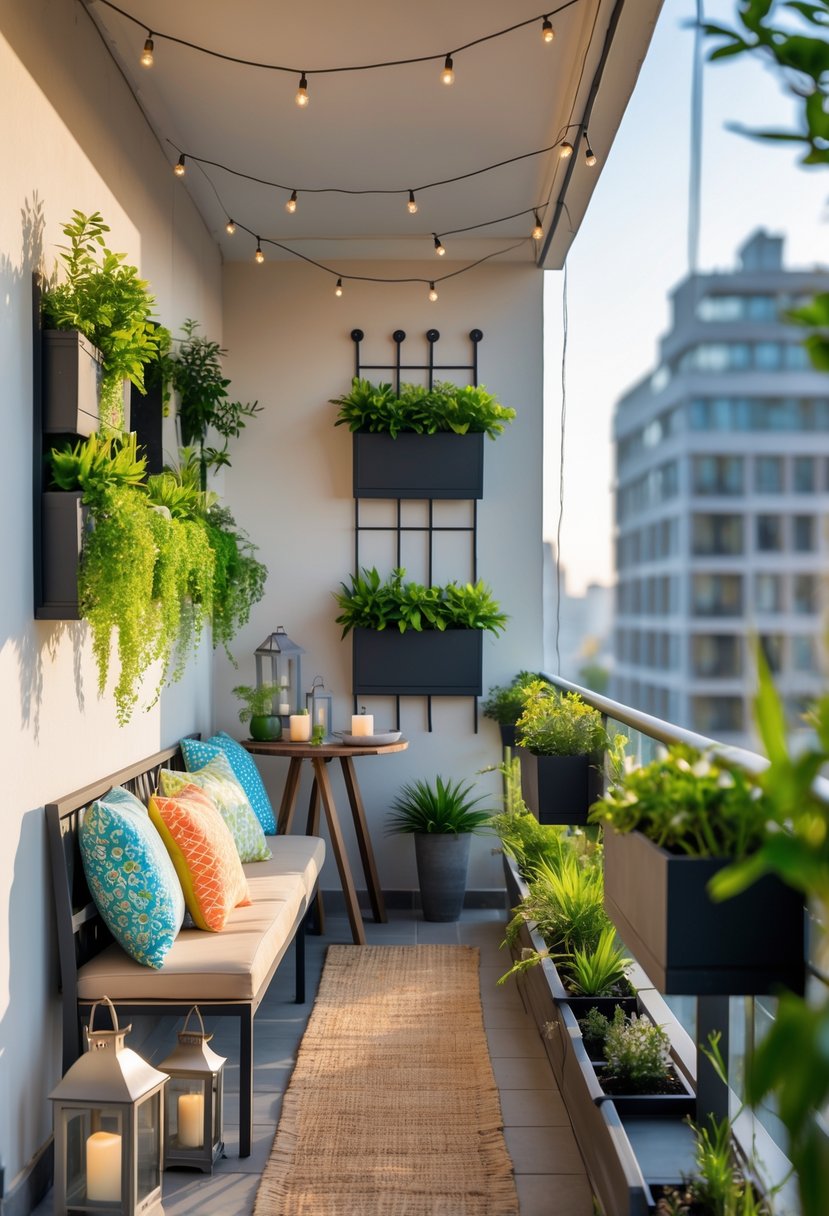 A long narrow balcony with a bench, small table, potted plants, vertical garden planters, and string lights creating a cozy outdoor space.