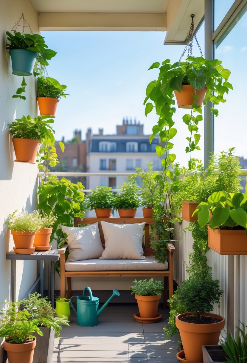 Small balcony with various green plants in pots, a wooden bench with cushions, and a small table with gardening tools, bathed in natural sunlight.