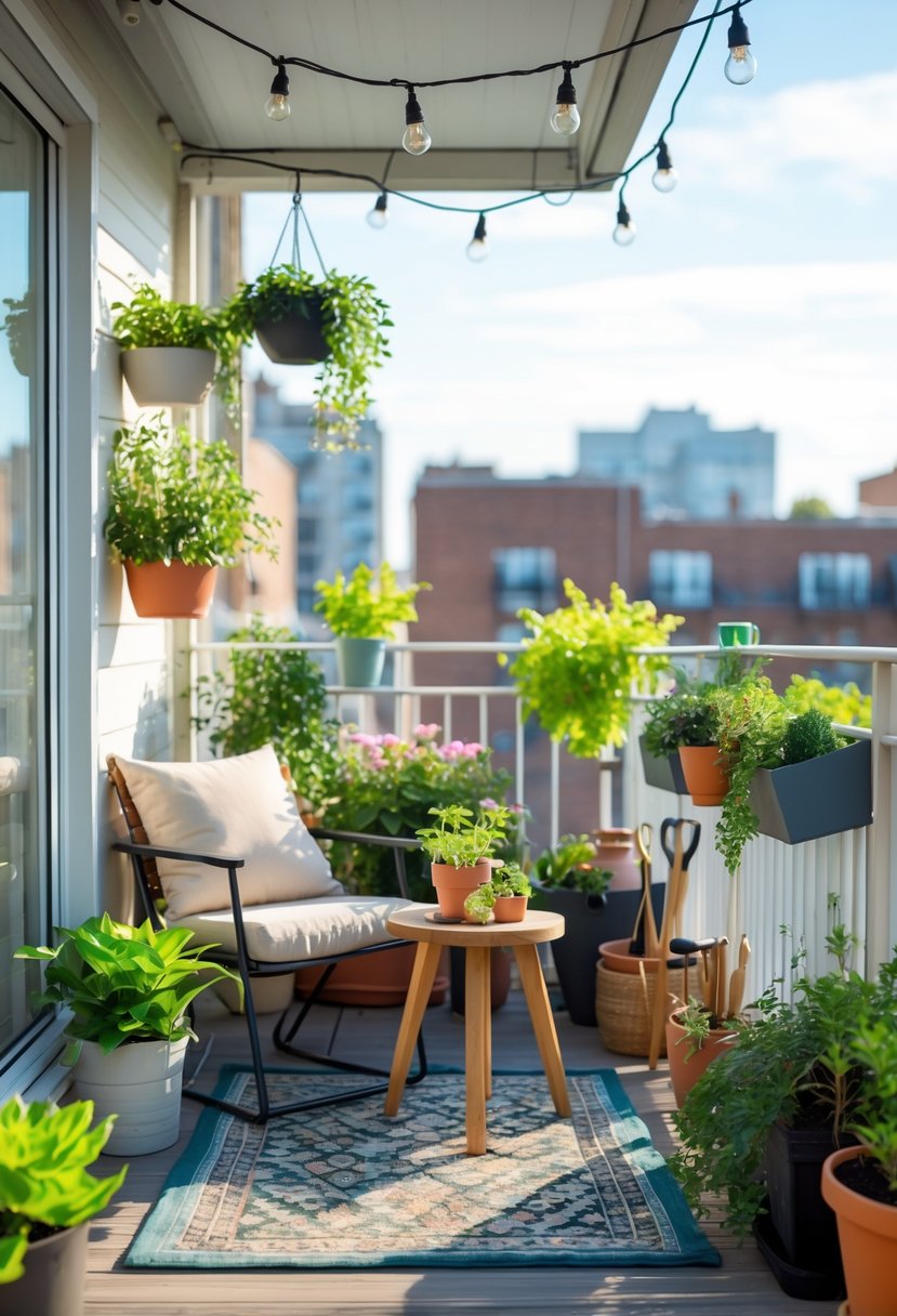 Small balcony with a cushioned chair, wooden table, potted plants, and string lights overlooking nearby buildings.