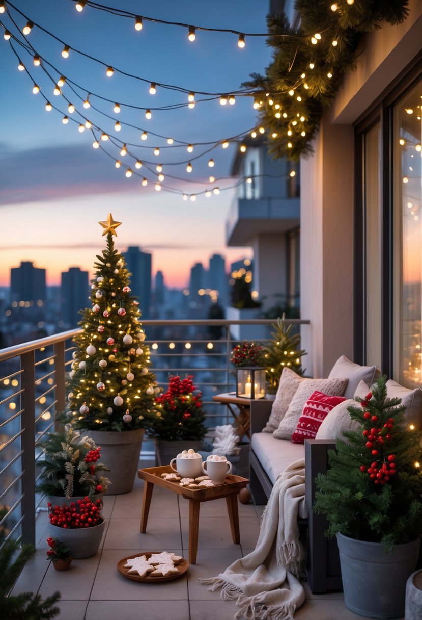 An apartment balcony decorated for Christmas with string lights, a small Christmas tree, cozy seating, and holiday plants overlooking a cityscape at twilight.