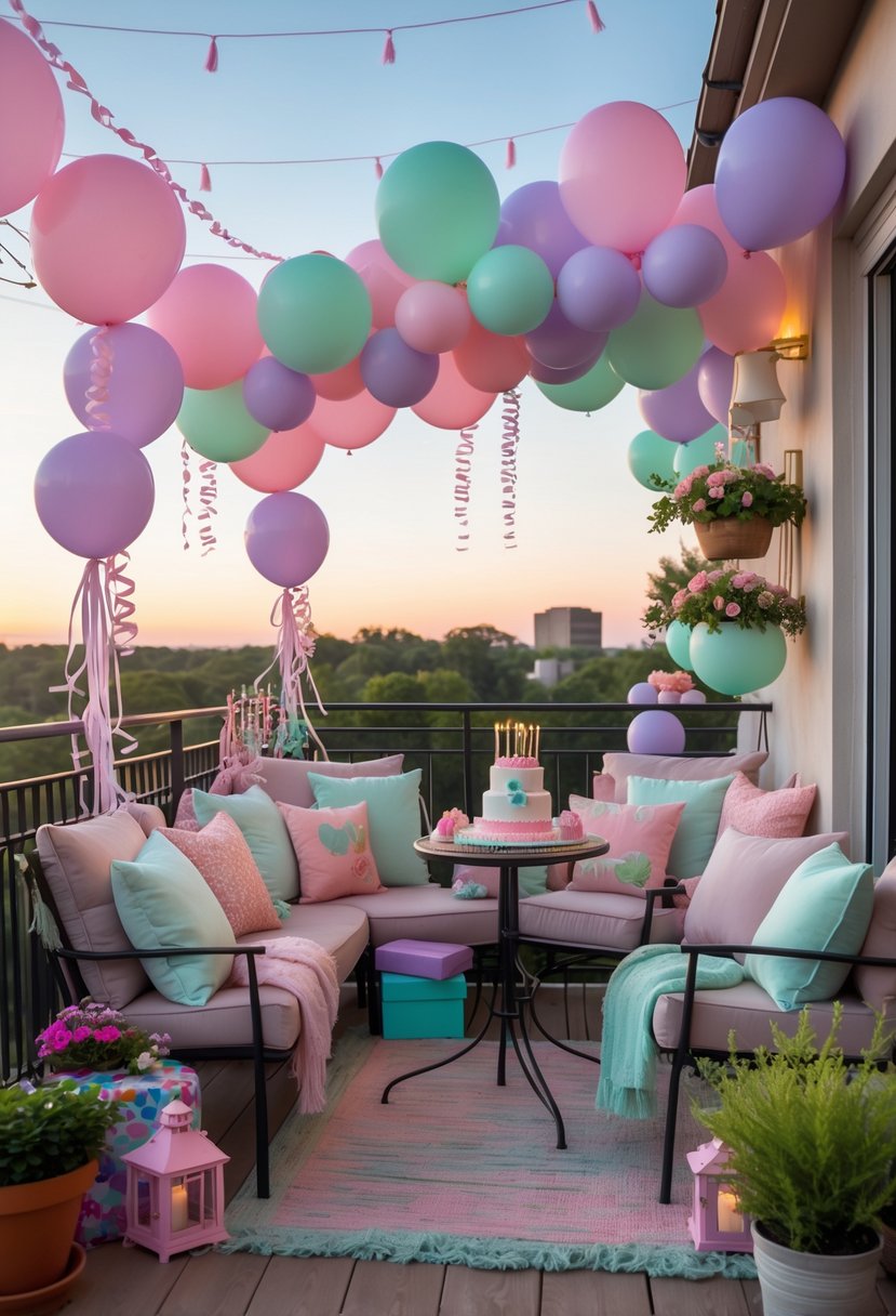 A balcony decorated with balloons, streamers, fairy lights, a table with a birthday cake and presents, surrounded by plants and cozy seating.
