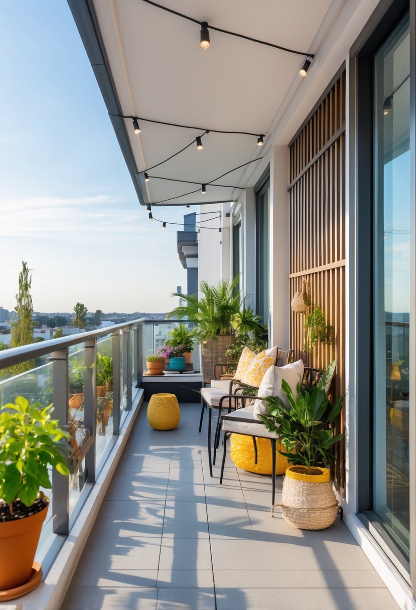 A balcony with different railing designs, decorated with plants and outdoor furniture.
