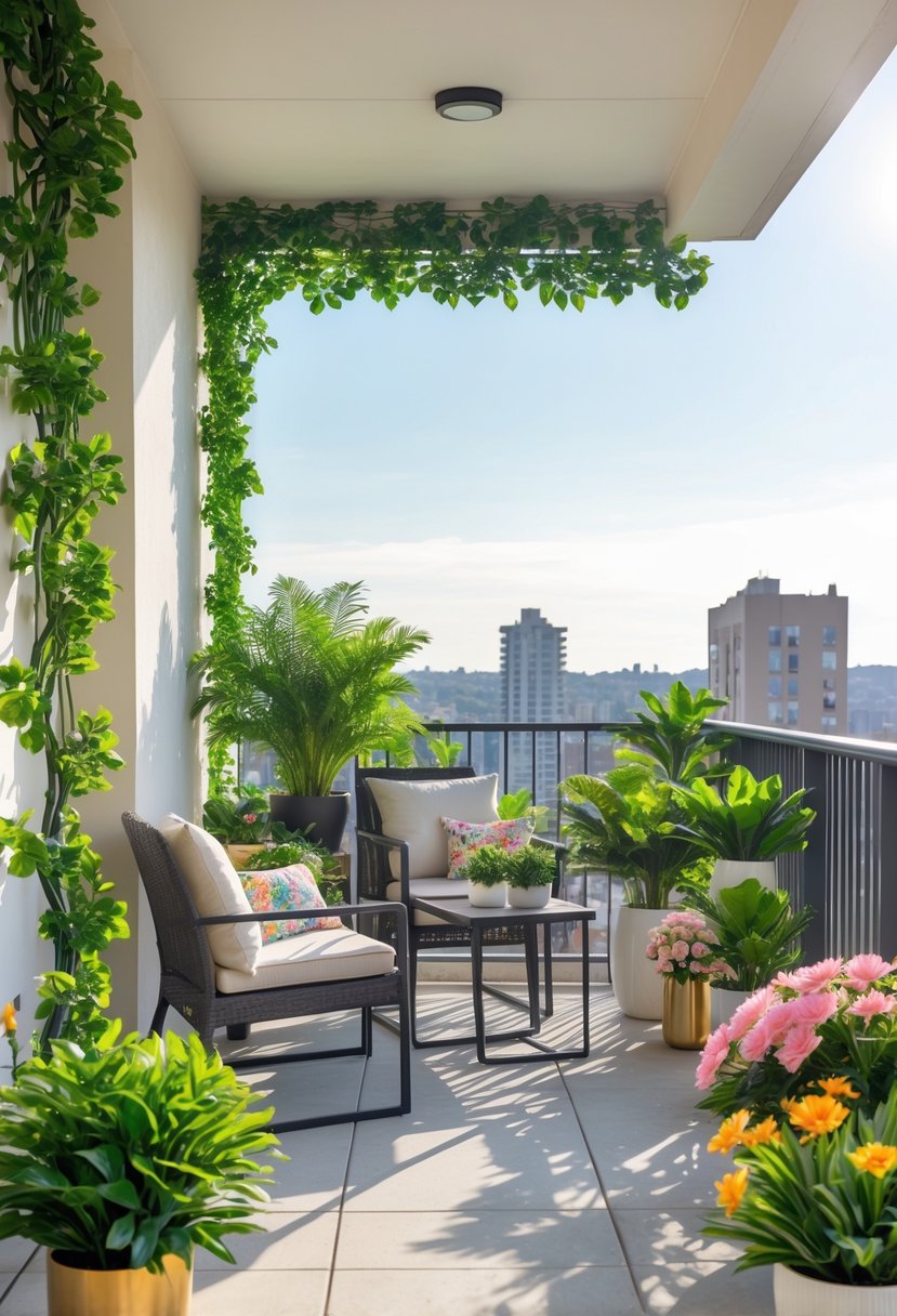 A balcony decorated with various artificial plants, including vines and potted flowers, with seating and a city view in the background.