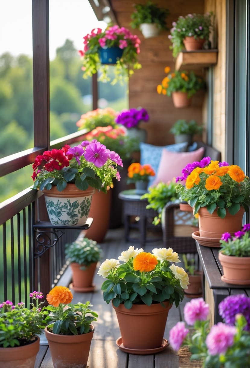 A balcony decorated with colorful flowers in pots and hanging baskets, with a small seating area in the background.