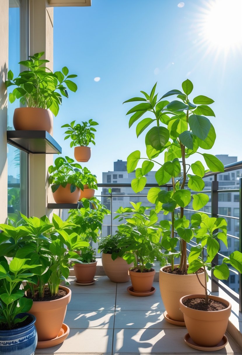 A balcony decorated with multiple healthy money plants in various pots under natural daylight.